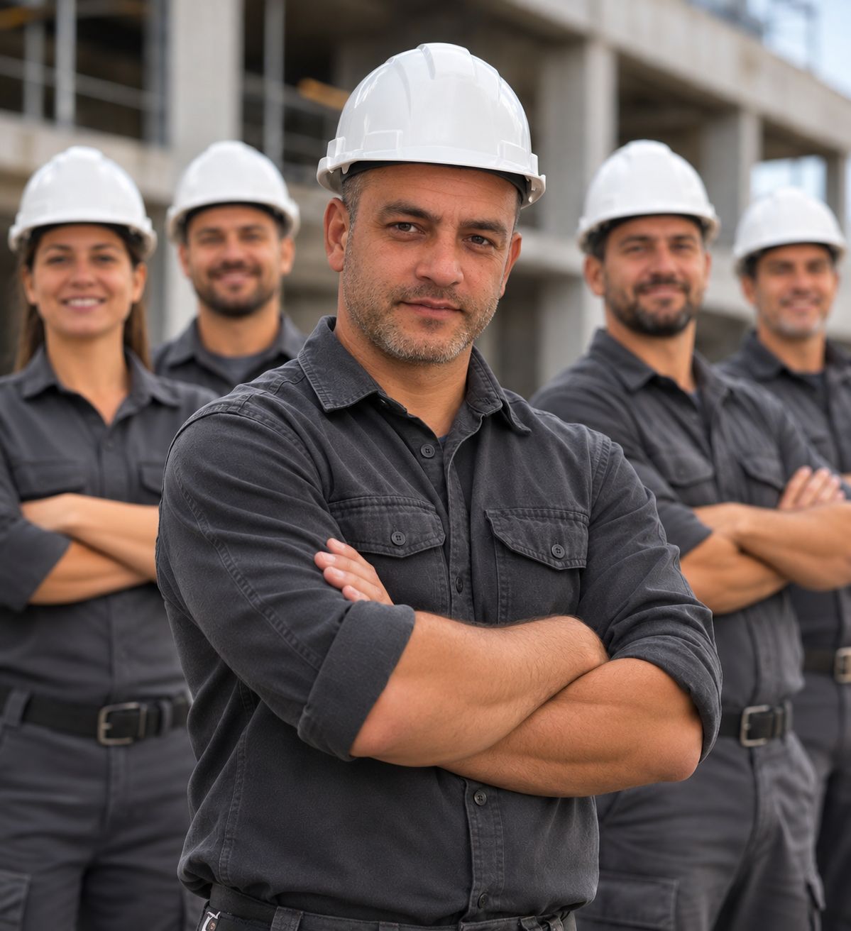 Equipo de ARFA Construcciones con cascos blancos frente a una obra