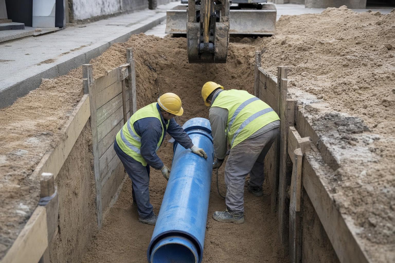 Operarios instalando una cañería de agua en una zanja apuntalada